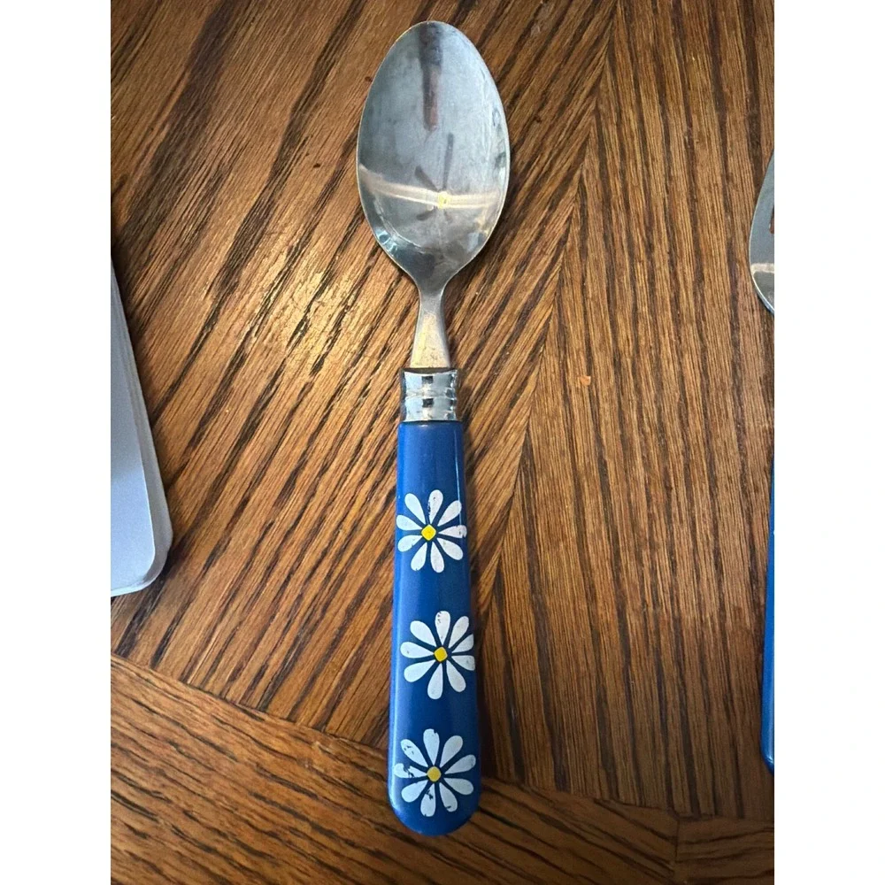 Vintage Style Blue Daisy Floral Handle Stainless Steel Teaspoon Retro Flatware